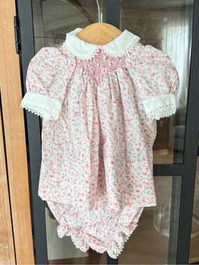 Vintage 70s Polly Flinders smocked dress set peter pan collar lace floral ditsy